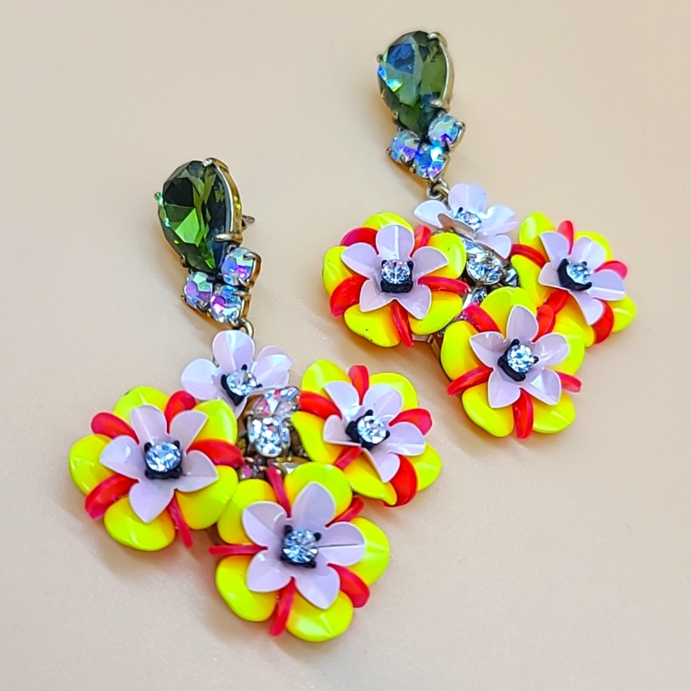 J. Crew "Blooming Pansy" Faceted Pear Posts w Resin & Leather Pansy Dangles!